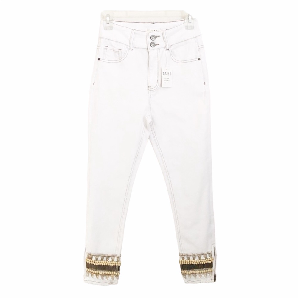 Luxe Moda Frayed Hem Embellished Jeans White Sz 4